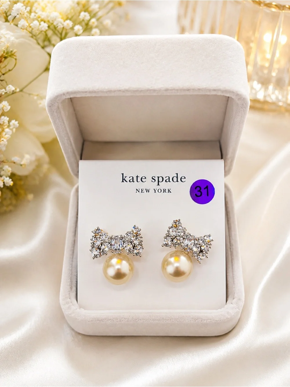 kate spade Pearl Drop Bow Stud Earrings in Cream and Silver